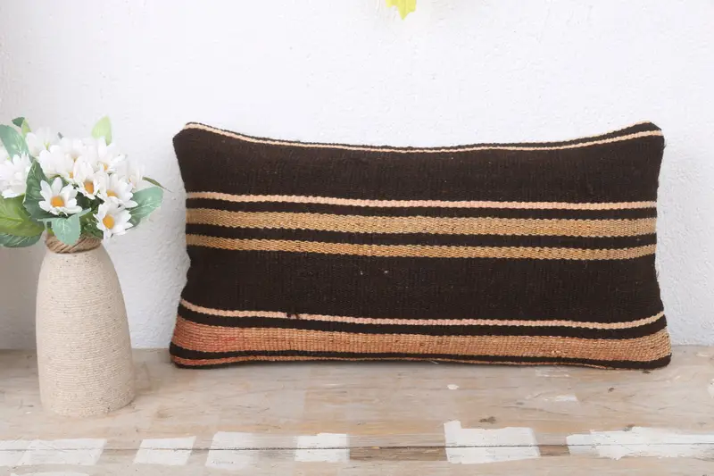 Vintage Kilim Pillow, Anatolian Pillow Cover, Bohemian Cushion Cushion Case, Pillow, Turkish Pillow, 8x16 Brown Pillow, Kilim Pillow Cover - 2