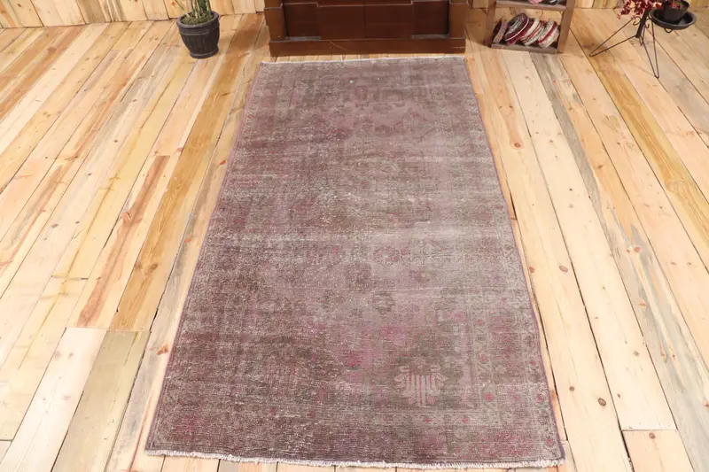 Türk Oushak Vurgulu Halı 3,4x6,6 ft (104x200 cm), Vintage Kahverengi Fas Halısı - 1