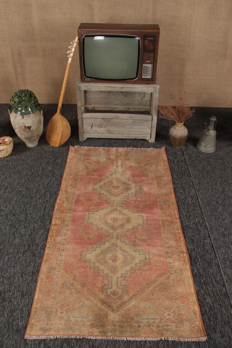 3.3x6.2 ft Halı, Vintage Oushak Halı, Türk Kırmızı Yün Kareli Halı - 1