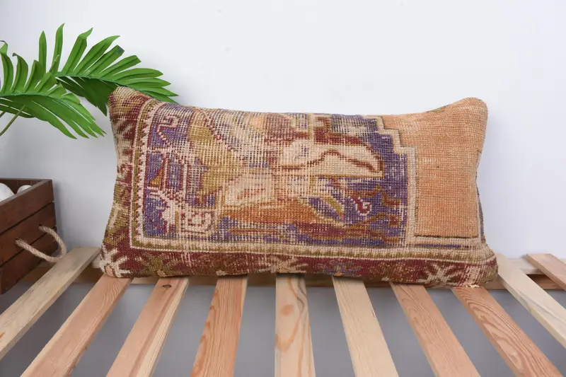 Ethnical Kilim Rug Pillow, Pillow Cover, Throw Kilim Pillow, 12x24 Orange Pillow Case, Customized Pillow Sham, Handmade Kilim Cushion - 1