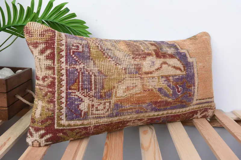 Ethnical Kilim Rug Pillow, Pillow Cover, Throw Kilim Pillow, 12x24 Orange Pillow Case, Customized Pillow Sham, Handmade Kilim Cushion - 5