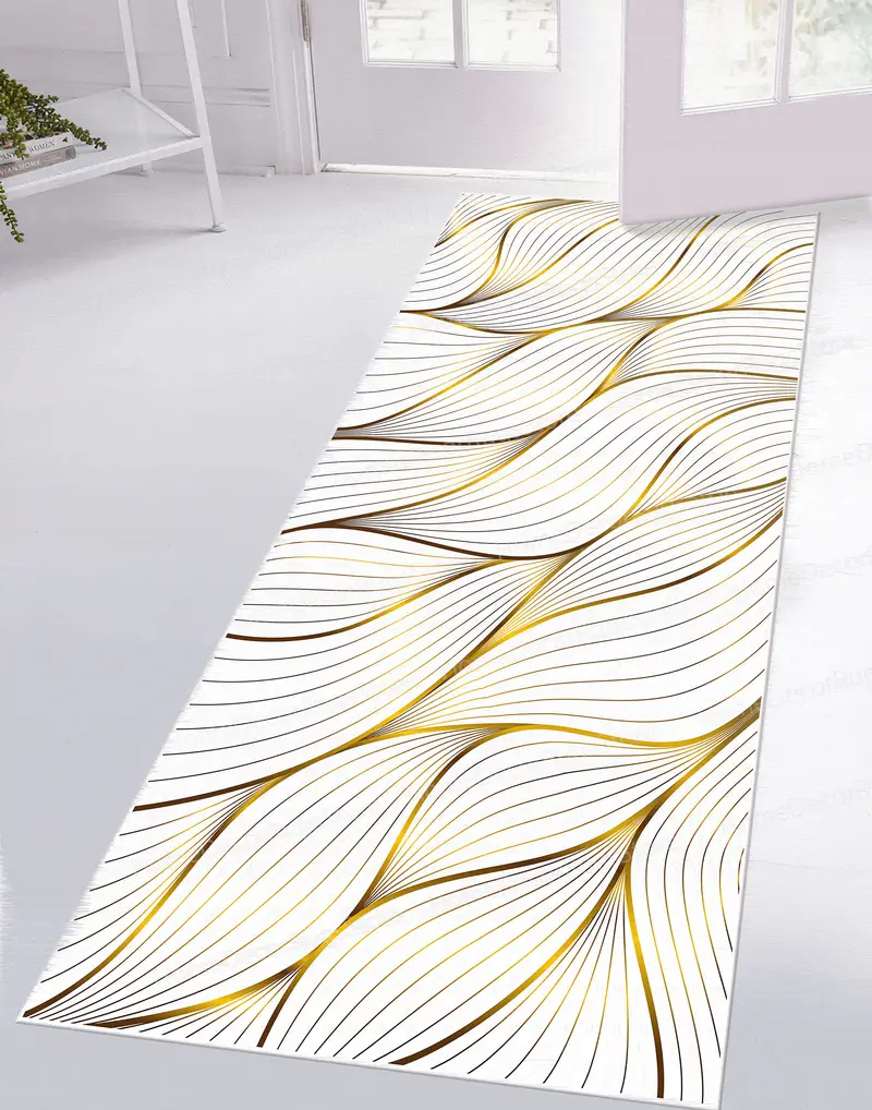 エレガントなゴールド & ホワイト ミニマル プリント ラグ - モダンなデザイン
