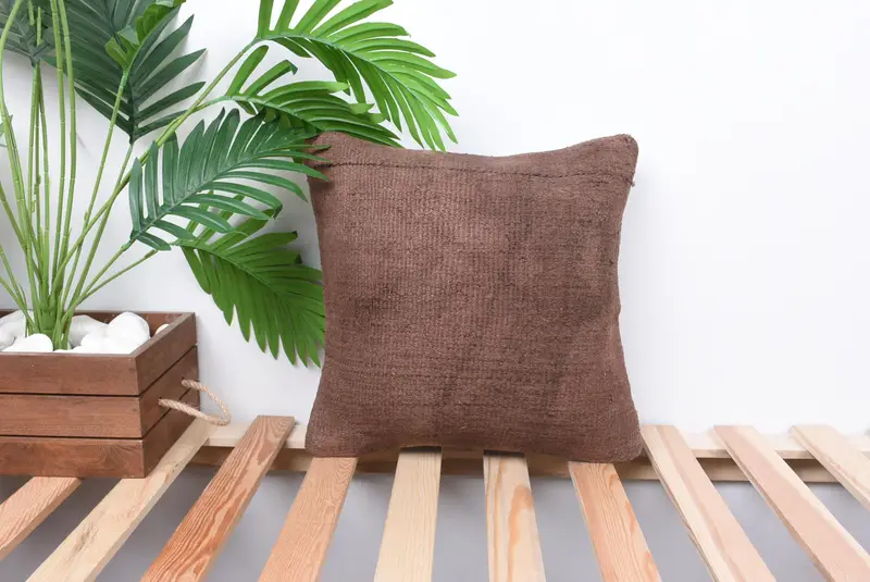Pillow for Sofa, Handwoven Pillow, 14x14 Brown Pillow Case, Pillow for Couch, Cushion, Turkish Pillow, Crochet Pattern Pillow, Meditation Pillow - 1