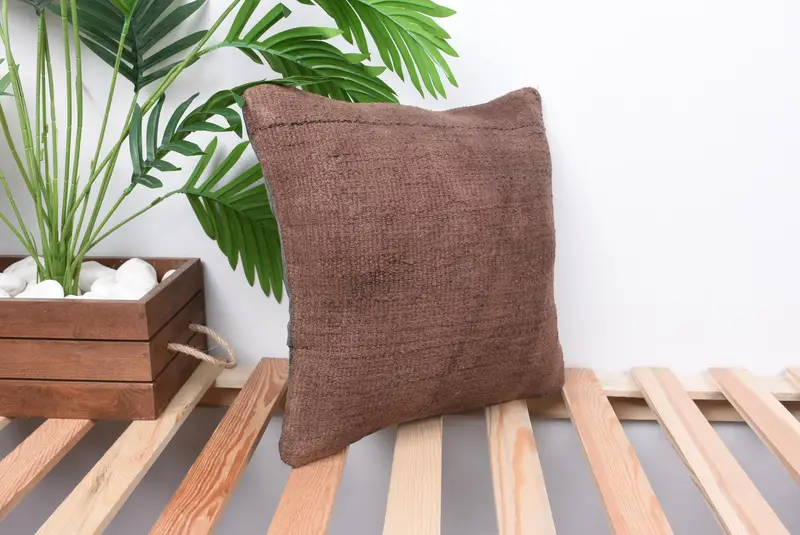 Pillow for Sofa, Handwoven Pillow, 14x14 Brown Pillow Case, Pillow for Couch, Cushion, Turkish Pillow, Crochet Pattern Pillow, Meditation Pillow - 4