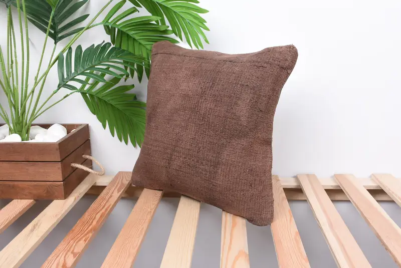 Pillow for Sofa, Handwoven Pillow, 14x14 Brown Pillow Case, Pillow for Couch, Cushion, Turkish Pillow, Crochet Pattern Pillow, Meditation Pillow - 5