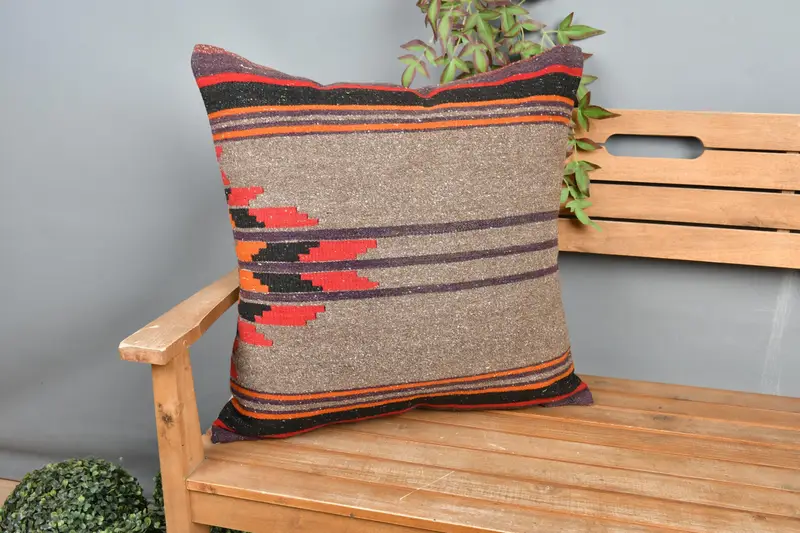 Cushion Cover, Vintage Kilim Throw Pillow, Indoor Cushion Case, 24x24 Red Pillow, Kilim Pillow, Anatolian Cushion Cover, Boho Pillow Sham Cover - 1