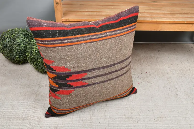 Cushion Cover, Vintage Kilim Throw Pillow, Indoor Cushion Case, 24x24 Red Pillow, Kilim Pillow, Anatolian Cushion Cover, Boho Pillow Sham Cover - 7