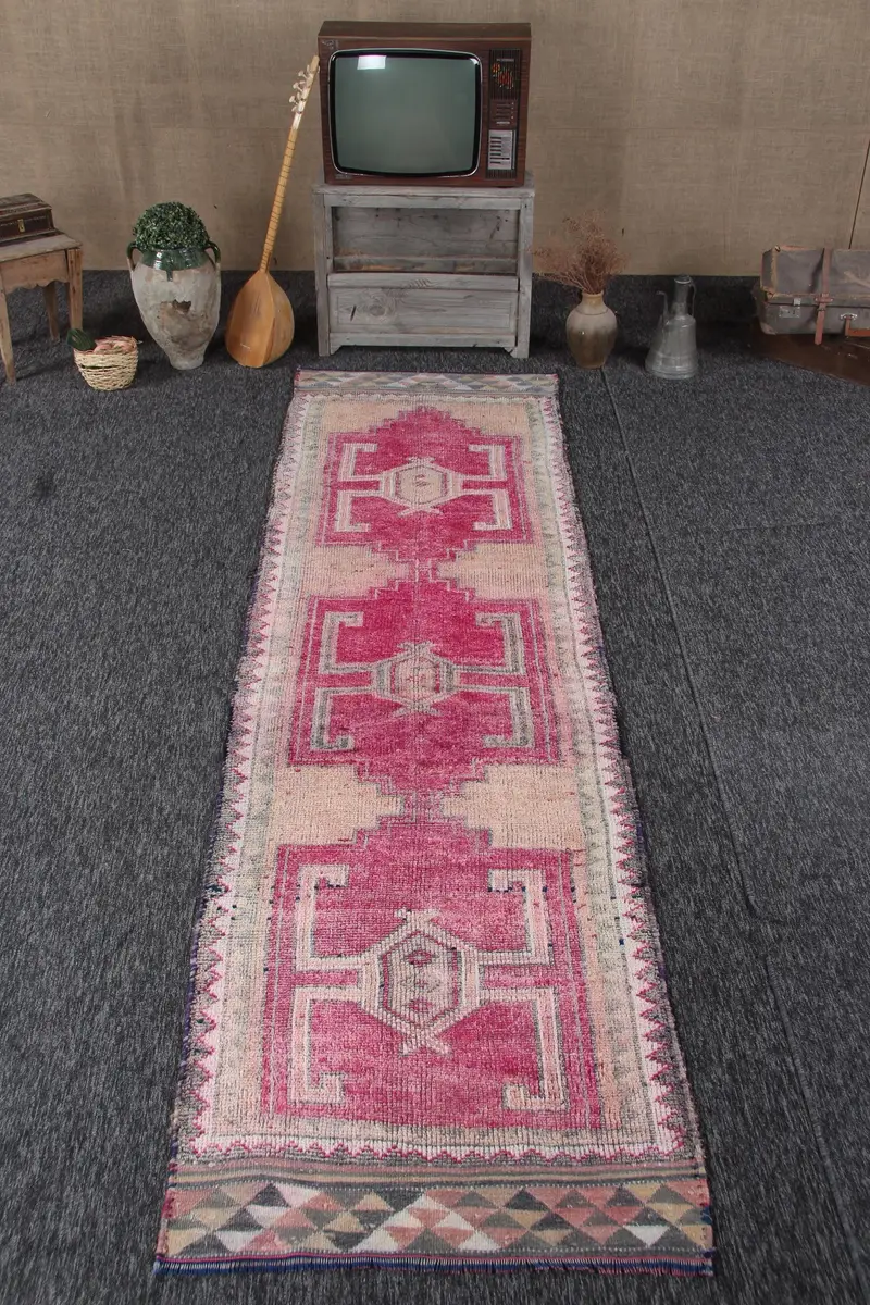 Türk Yolluk Halısı, 3x11 ft Vintage Halı, Kırmızı Herki Yün Halı - 1