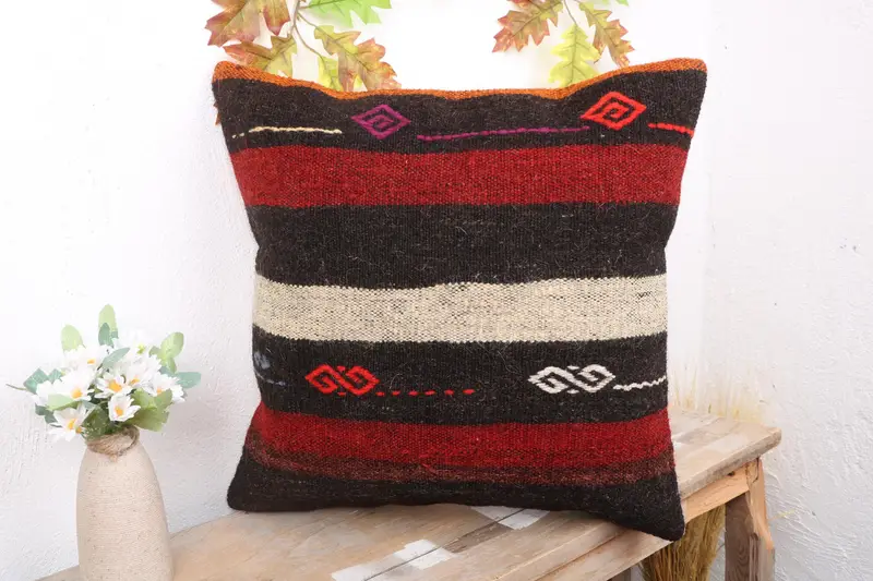 Kilim Cushion Sham, Antique Pillows, Ethnical Kilim Rug Pillow, Accent Throw Pillow, 18x18 Red Cushion Case, Seat Pillow Cover, Cushion Case - 4