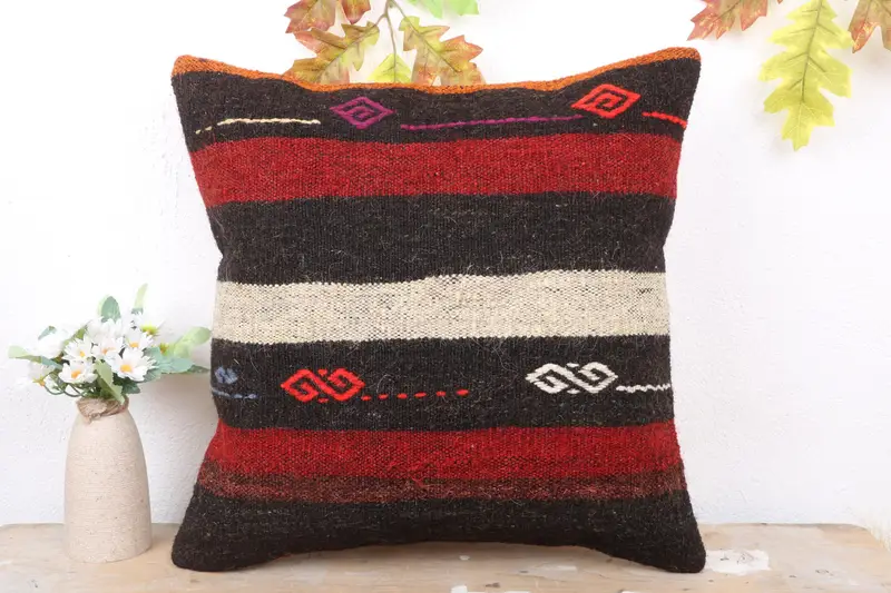 Kilim Cushion Sham, Antique Pillows, Ethnical Kilim Rug Pillow, Accent Throw Pillow, 18x18 Red Cushion Case, Seat Pillow Cover, Cushion Case - 2