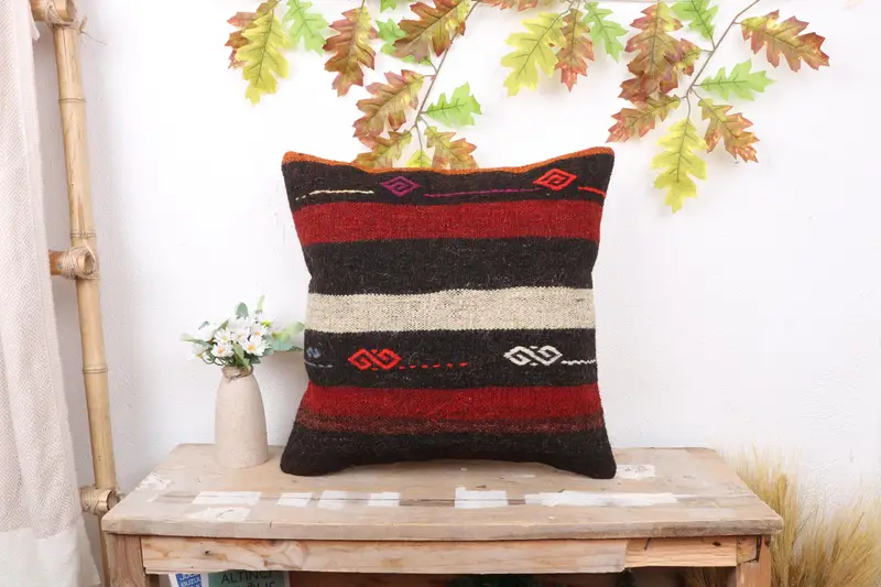 Kilim Cushion Sham, Antique Pillows, Ethnical Kilim Rug Pillow, Accent Throw Pillow, 18x18 Red Cushion Case, Seat Pillow Cover, Cushion Case - 1