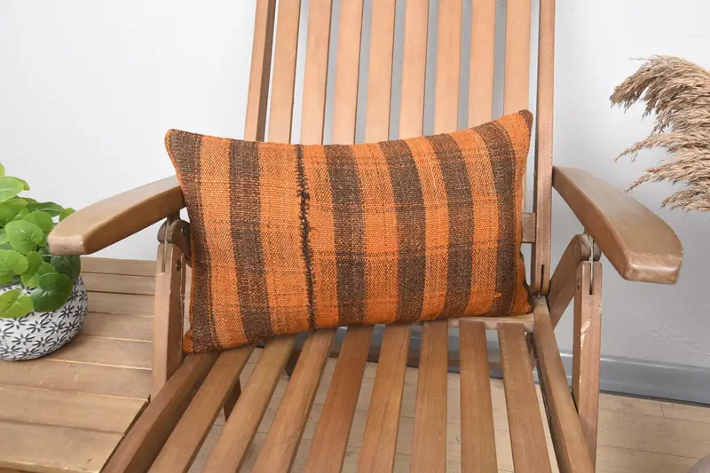 Authentic Pillow Sham, Meditation Pillow Cover, Turkish Kilim Pillow, Handmade Kilim Cushion, 12x20 Orange Pillow Case, Cushion, Throw Kilim Pillow - 1