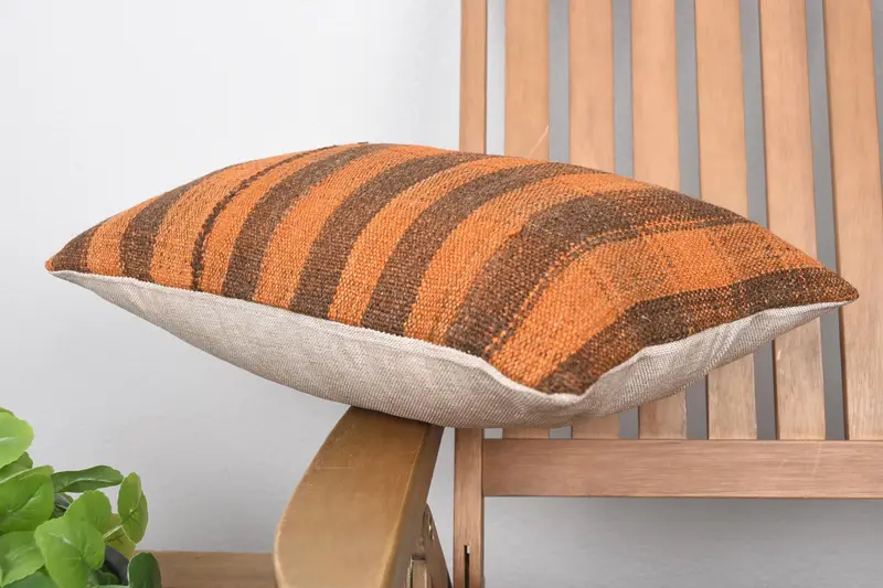 Authentic Pillow Sham, Meditation Pillow Cover, Turkish Kilim Pillow, Handmade Kilim Cushion, 12x20 Orange Pillow Case, Cushion, Throw Kilim Pillow - 6