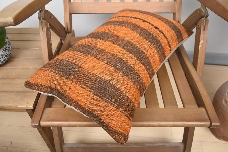 Authentic Pillow Sham, Meditation Pillow Cover, Turkish Kilim Pillow, Handmade Kilim Cushion, 12x20 Orange Pillow Case, Cushion, Throw Kilim Pillow - 4