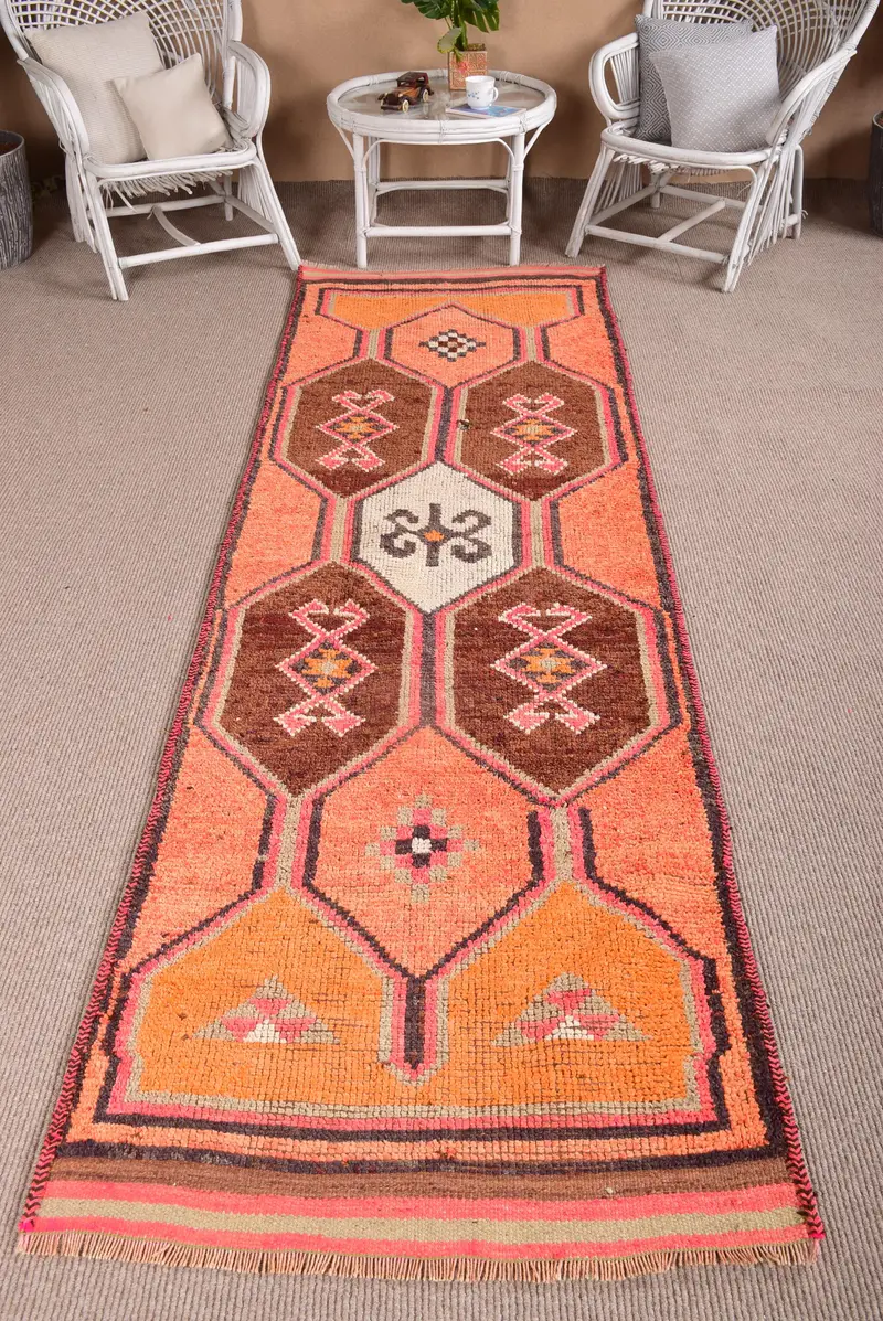Türk Halısı, 3x10 ft Vintage Halı, Kahverengi Kamuflaj Yün Halı - 1