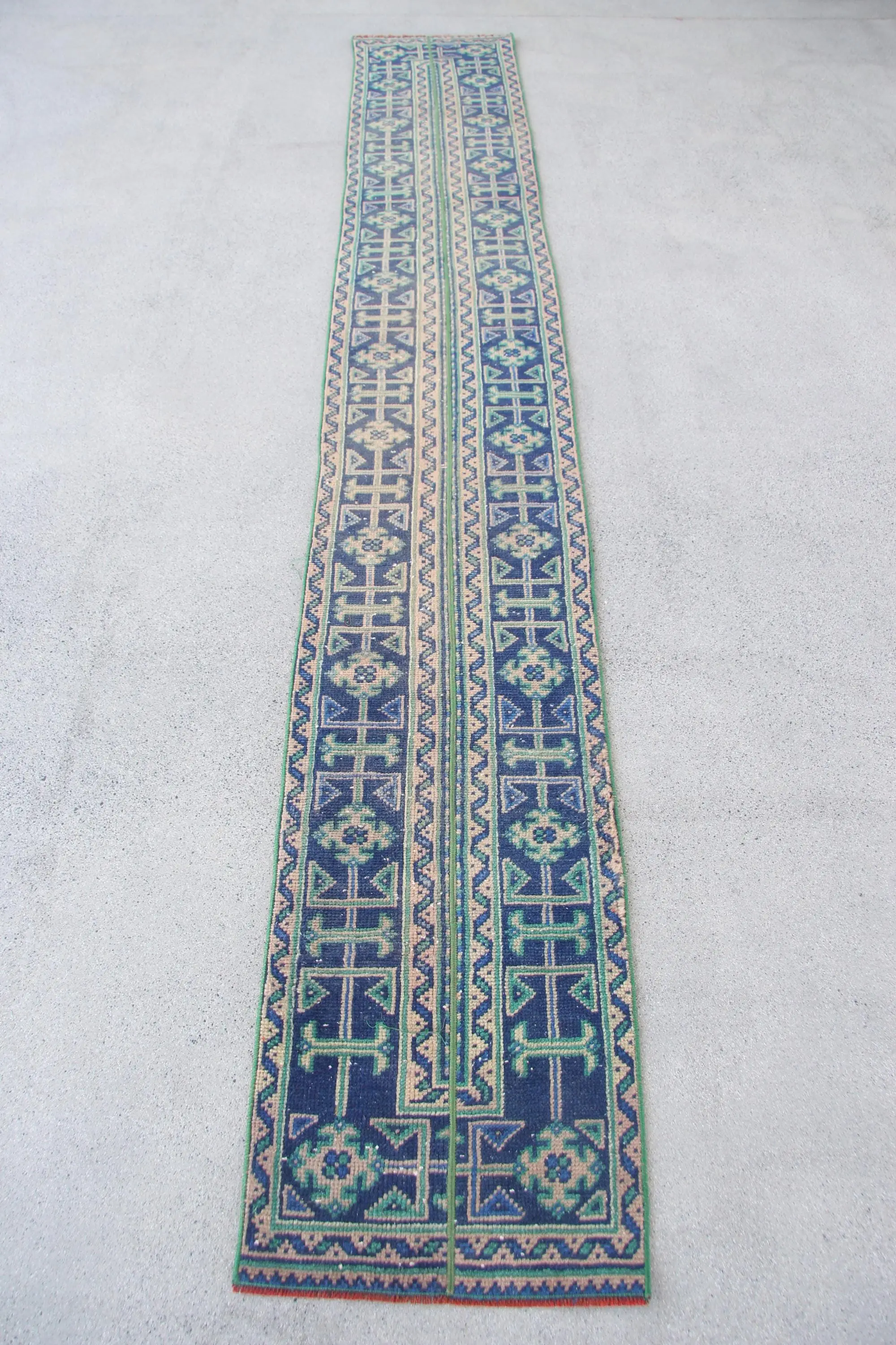 1.6x11.2 ft Vintage Rug, Runner Turkish Rug, Blue Check Rug - 1