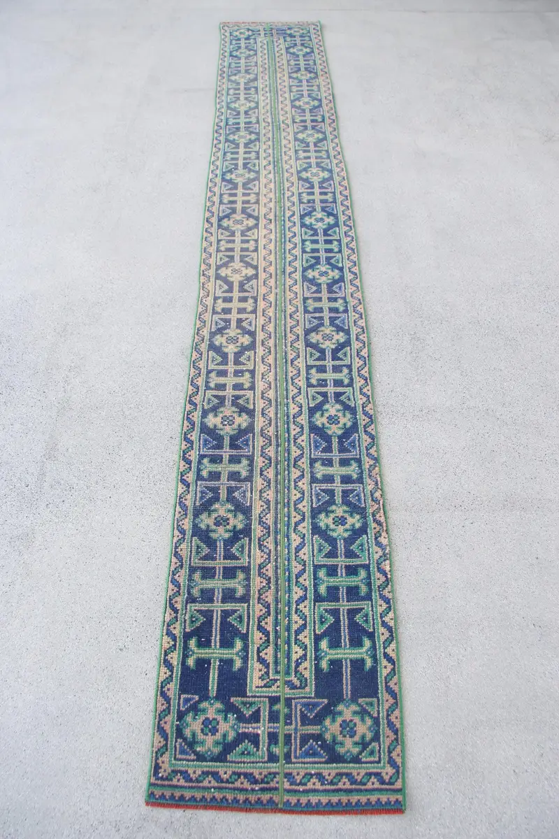 Alfombra de cuadros azules de 1,6x11,2 ft, elegante detalle en azul y verde