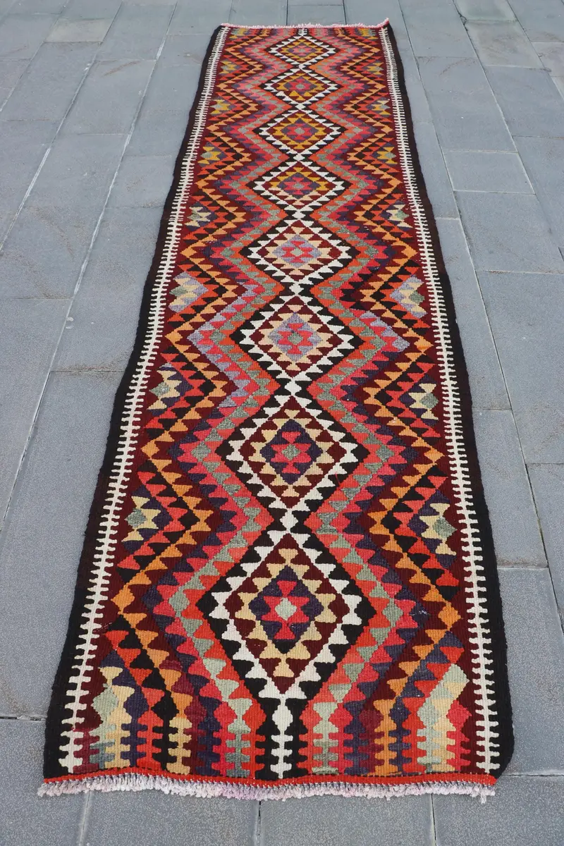 Purple Ikat Rug, 2.9x11.2 ft Elegant Purple Black