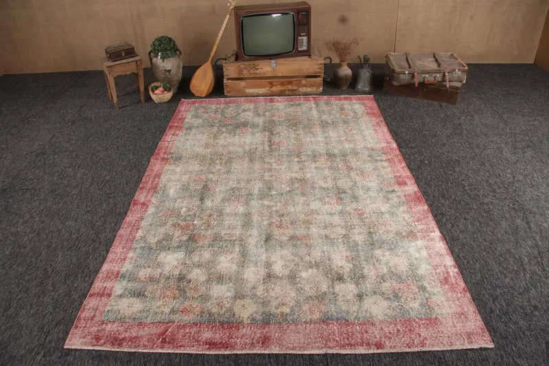 6.4x9.4 ft Halı, Büyük Türk Halısı, Kırmızı Oushak İkat Halısı - 1