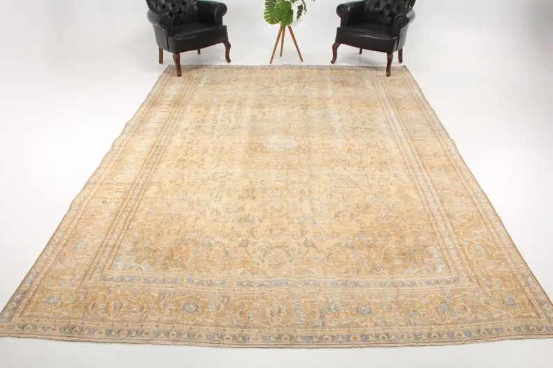 Vintage 9.2x12.3 ft Halı, Büyük Boy Türk Halısı, Bej Mavi Soyut Halı - 1