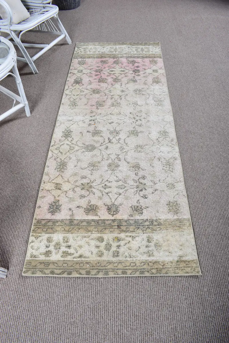2.5x6.9 ft Halı, Vintage Türk Halısı, Oushak Gri Düz Halı - 1
