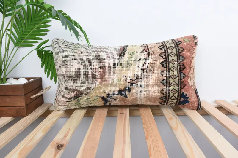 Pillow Case, 12x24 Beige Cushion Cover, Ethnical Kilim Rug Pillow, Boho Pillow Sham Cover, Bolster Throw Pillow Case, Throw Kilim Pillow - 1