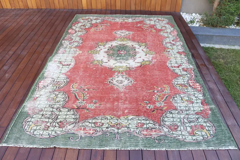 Vintage Rug, 6x8.6 ft Large Turkish Rug, Oushak Red Green Polka dot Rug - 1