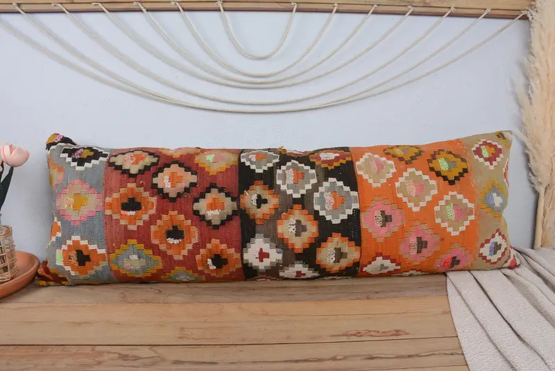Kilim Pillow Cover, Couch Pillow, 16x48 Orange Pillow Sham, Cushion Case, Throw Kilim Pillow, Indoor Cushion Case, Vintage Kilim Pillow - 2