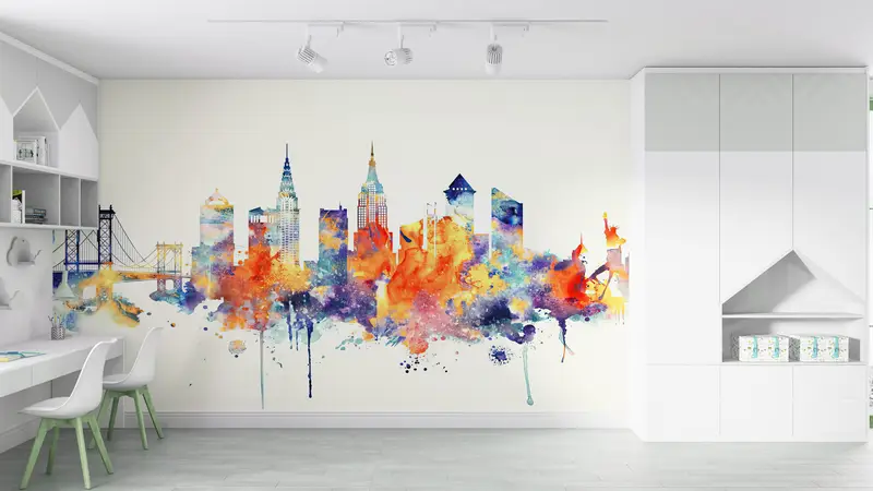 Modern Wall Poster, Watercolor Wall Decor, Colorful Mural, View Wall Art, Cityscape Wall Art, City Wall Art, Skyline Wallpaper, - 4
