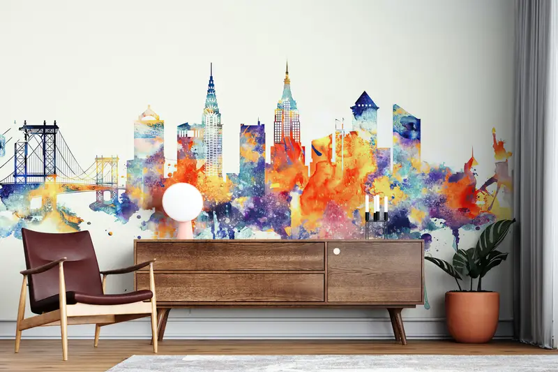 Modern Wall Poster, Watercolor Wall Decor, Colorful Mural, View Wall Art, Cityscape Wall Art, City Wall Art, Skyline Wallpaper, - 7