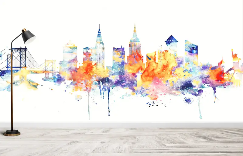 Modern Wall Poster, Watercolor Wall Decor, Colorful Mural, View Wall Art, Cityscape Wall Art, City Wall Art, Skyline Wallpaper, - 6
