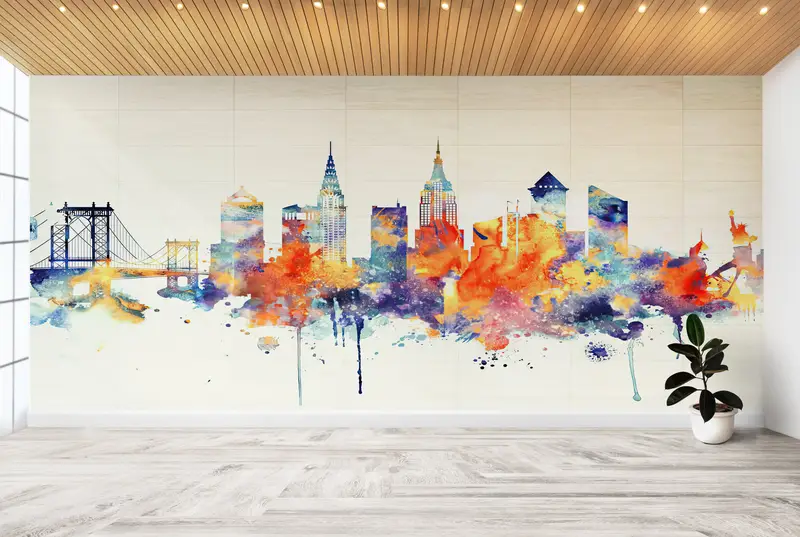 Modern Wall Poster, Watercolor Wall Decor, Colorful Mural, View Wall Art, Cityscape Wall Art, City Wall Art, Skyline Wallpaper, - 8