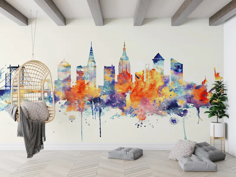 Modern Wall Poster, Watercolor Wall Decor, Colorful Mural, View Wall Art, Cityscape Wall Art, City Wall Art, Skyline Wallpaper, - 3