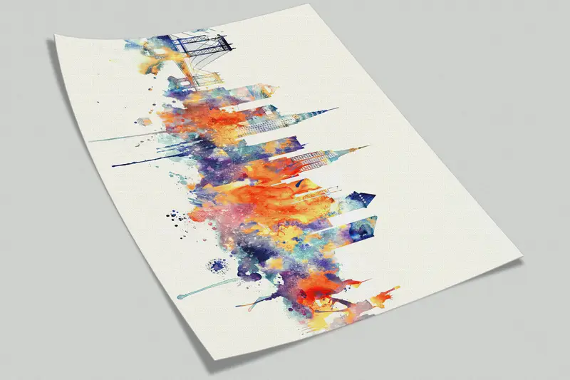 Modern Wall Poster, Watercolor Wall Decor, Colorful Mural, View Wall Art, Cityscape Wall Art, City Wall Art, Skyline Wallpaper, - 9