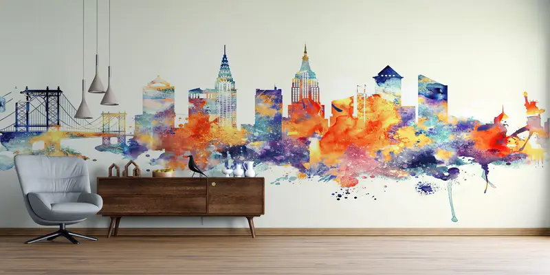 Modern Wall Poster, Watercolor Wall Decor, Colorful Mural, View Wall Art, Cityscape Wall Art, City Wall Art, Skyline Wallpaper, - 2