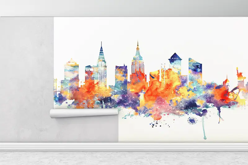 Modern Wall Poster, Watercolor Wall Decor, Colorful Mural, View Wall Art, Cityscape Wall Art, City Wall Art, Skyline Wallpaper, - 1