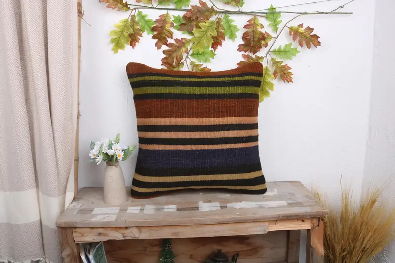 Cushion Case, Antique Pillows, Ottoman Pillow Case, Ethnical Kilim Rug Pillow, Boho Chic Cushion, 18x18 Beige Pillow Sham, Boho Pillow Sham Cover - 1