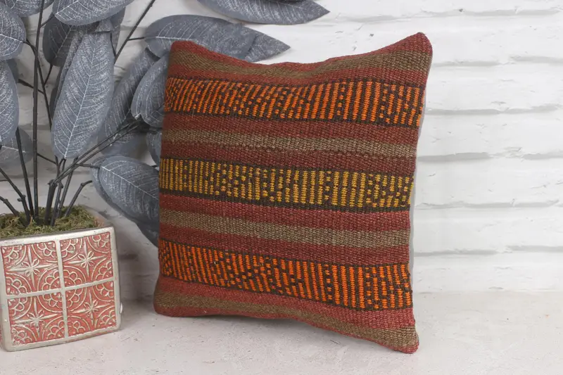 12x12 Orange Cushion, Turkish Pillow, Bolster Cushion Case, Ethnical Kilim Rug Pillow, Authentic Pillow Sham, Pillow Cover, Antique Pillows - 3