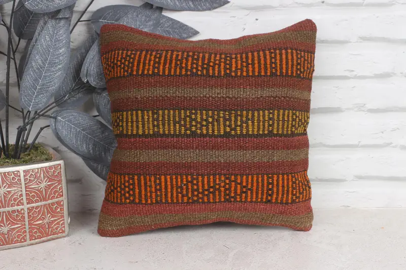 12x12 Orange Cushion, Turkish Pillow, Bolster Cushion Case, Ethnical Kilim Rug Pillow, Authentic Pillow Sham, Pillow Cover, Antique Pillows - 1
