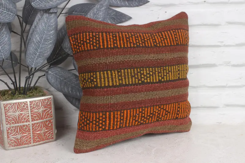 12x12 Orange Cushion, Turkish Pillow, Bolster Cushion Case, Ethnical Kilim Rug Pillow, Authentic Pillow Sham, Pillow Cover, Antique Pillows - 4