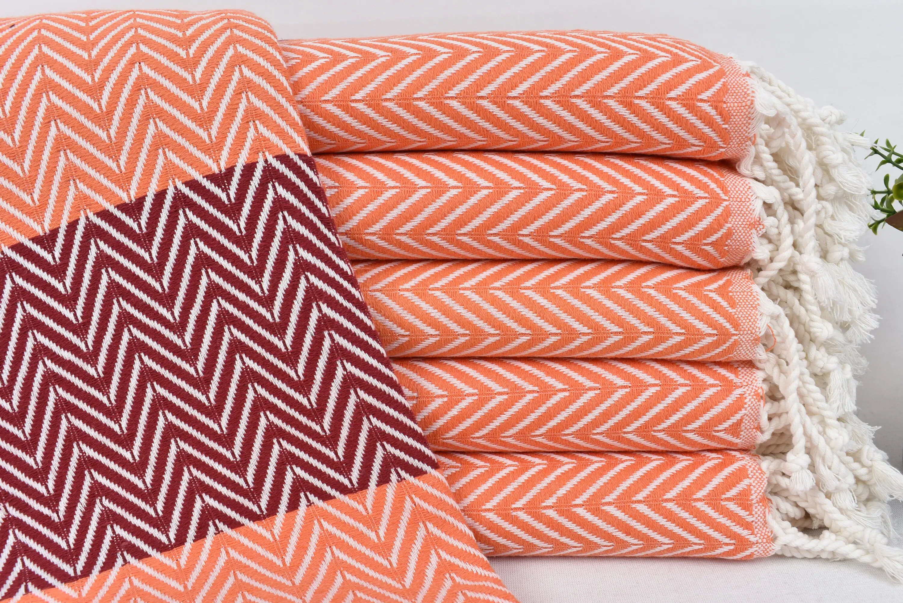 Handmade Organic Cotton Towel, 70x40 Inches, Orange-Burgundy Chevron - 1