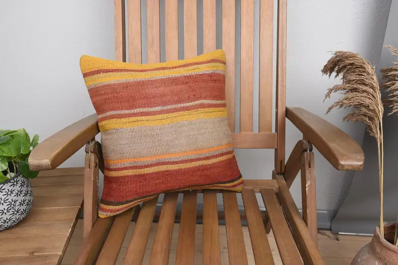 Armchair Pillow, Pillow Case, Kilim Pillow Cover, Boho Pillow, 16x16 Red Pillow Cover, Traditional Cushion, Handmade Kilim Cushion - 1