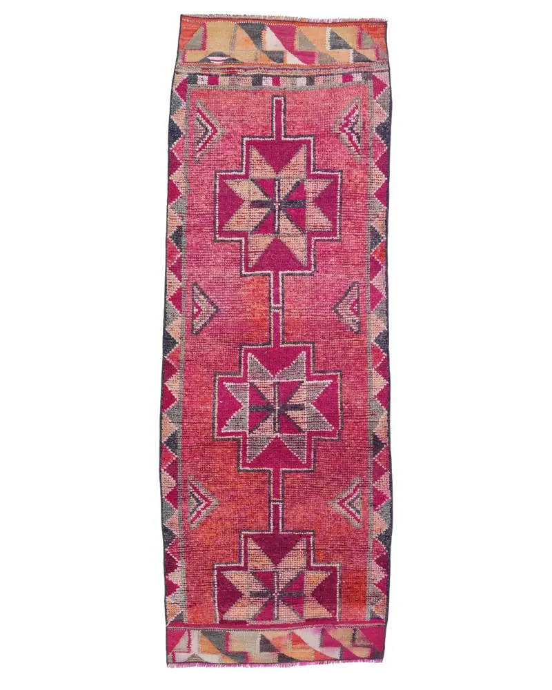 ピンクとオレンジのラグ、2.7x7.8フィートのボーダーデザイン