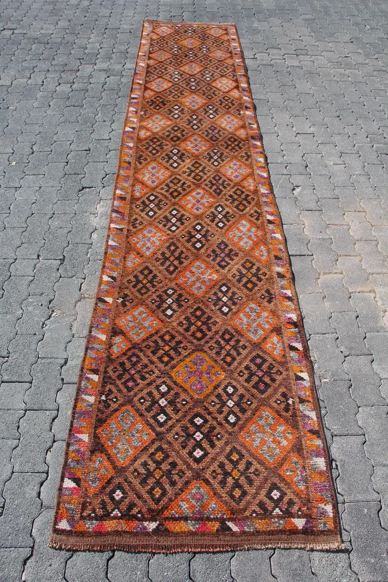 Alfombra turca Runner de 2,7x13,4 pies, alfombra vintage, alfombra de lana abstracta marrón naranja - 1