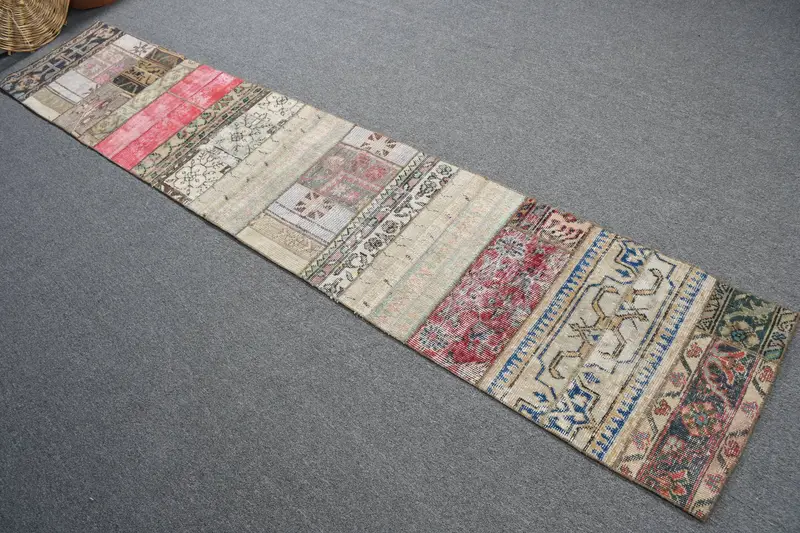 1.7x9.5 ft Halı, Vintage Türk Halısı, Kırmızı Mavi Çiçekli Yün Halı - 1