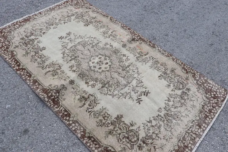 3.8x6.6 ft Türk Alan Halısı, Kahverengi Gri Vintage Soyut Yün Halı - 1