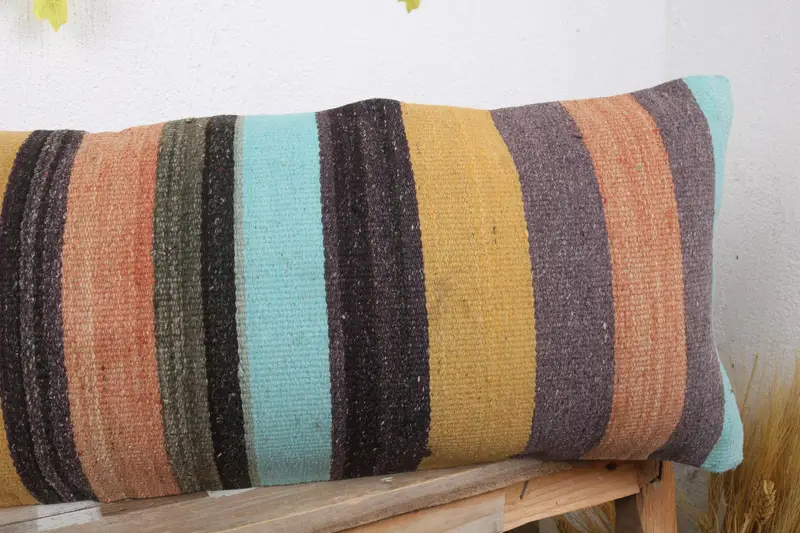 Cushion Case, Patio Pillow Cover, Kilim Cushion Sham, Kilim Pillow Cover, Boho Pillow, Wool Kilim Pillow Pillow Cover, 12x36 Yellow Cushion Cover - 5