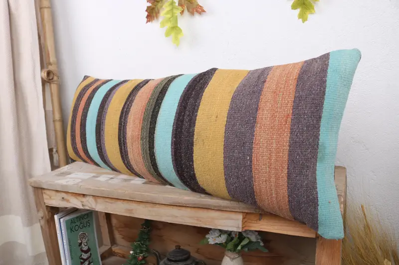 Cushion Case, Patio Pillow Cover, Kilim Cushion Sham, Kilim Pillow Cover, Boho Pillow, Wool Kilim Pillow Pillow Cover, 12x36 Yellow Cushion Cover - 4