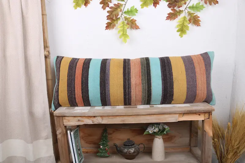 Cushion Case, Patio Pillow Cover, Kilim Cushion Sham, Kilim Pillow Cover, Boho Pillow, Wool Kilim Pillow Pillow Cover, 12x36 Yellow Cushion Cover - 1