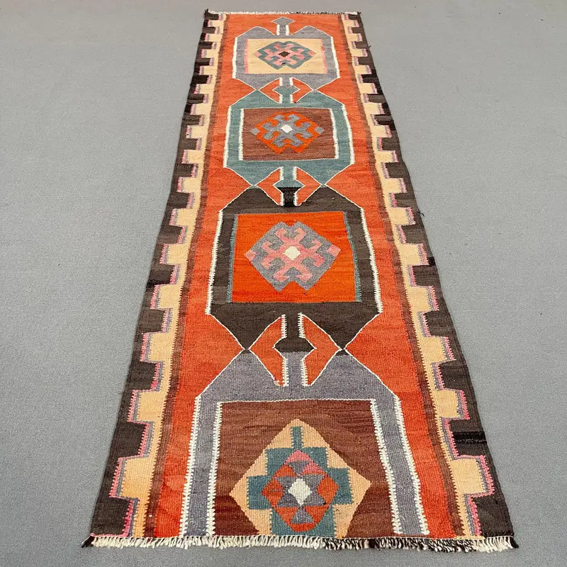 Canlı Turuncu Halı, 3,2x10,8 ft Çiçek ve Geometrik Tasarım